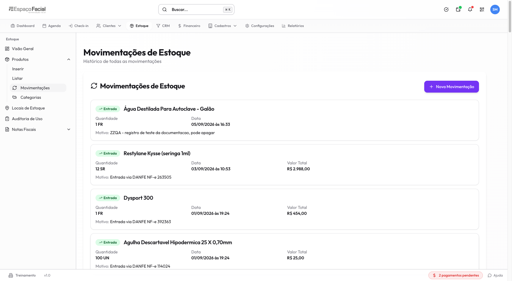 A entrada recém-registrada no topo do histórico de movimentações