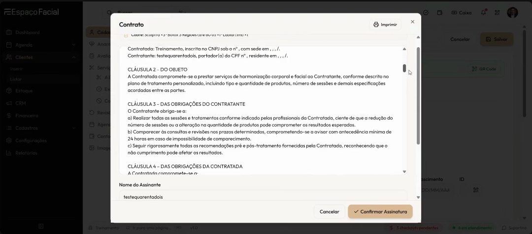 O Contrato de Prestação de Serviço, com o campo de assinatura