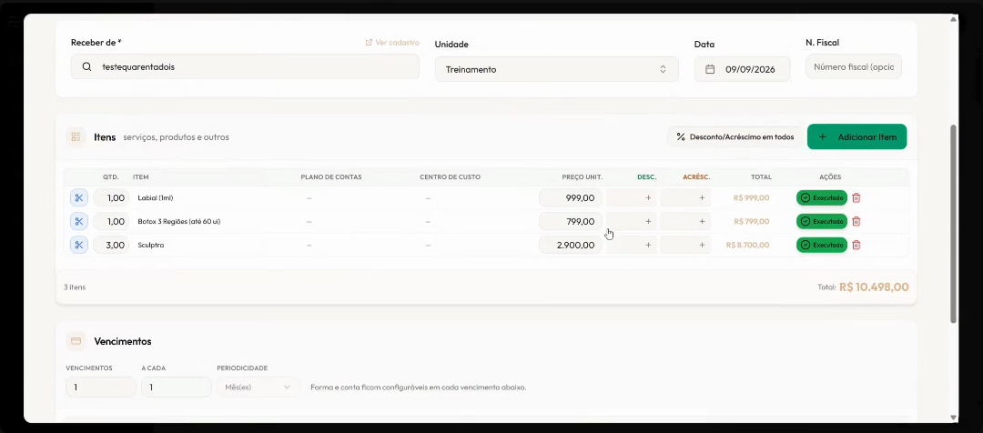Tela de receber: Receber de, Unidade, Data e a grade de itens