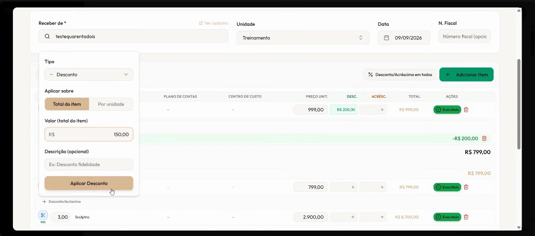 O popover de desconto do item, com Tipo, Aplicar sobre, Valor e Descrição