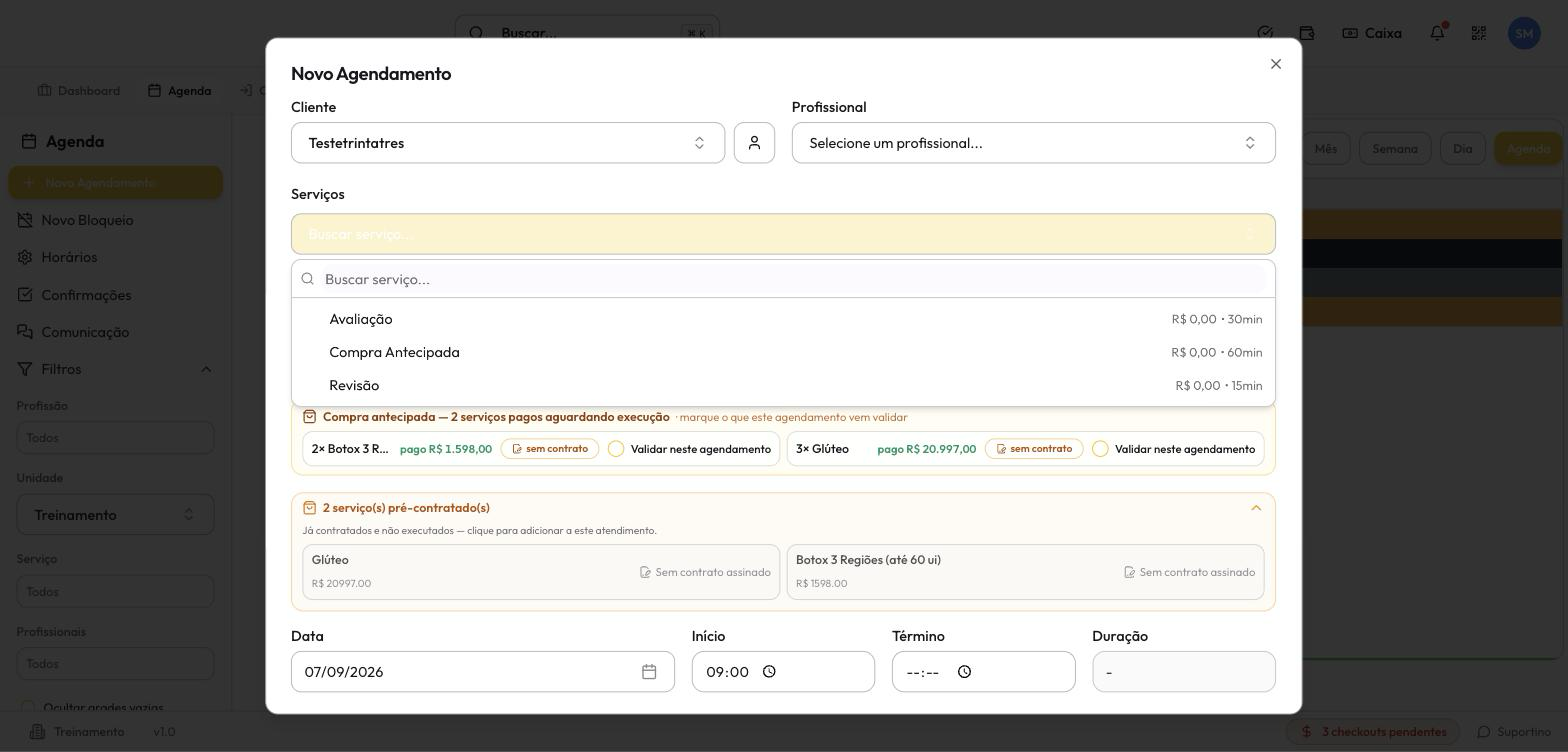 A lista de serviços do agendamento, com as etapas