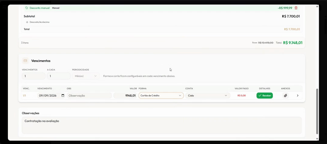 Bloco Vencimentos, com forma e conta configuráveis em cada parcela