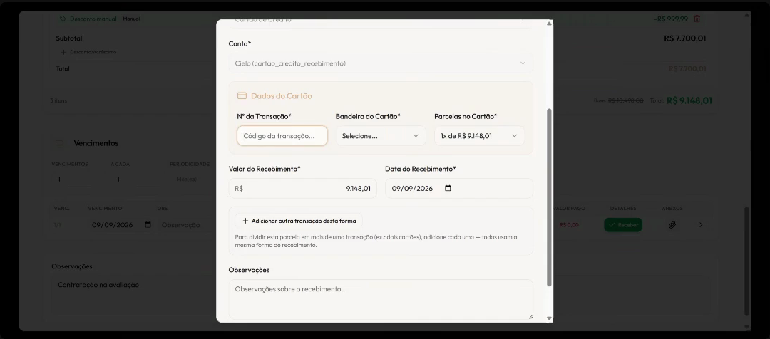 O modal de recebimento pedindo conta, dados do cartão, valor e data