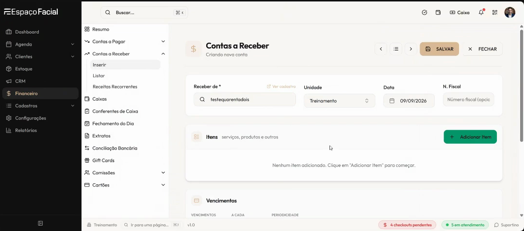 A tela Contas a Receber criando uma conta nova, ainda sem itens