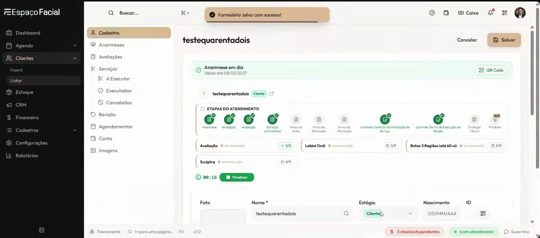 A régua completa, com contrato, termo, evolução e produtos